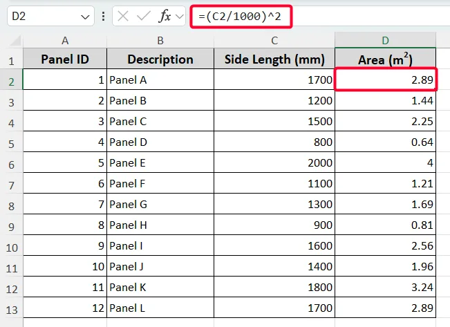 Convert mm to Square Meter for Side Lengths of Square Shapes