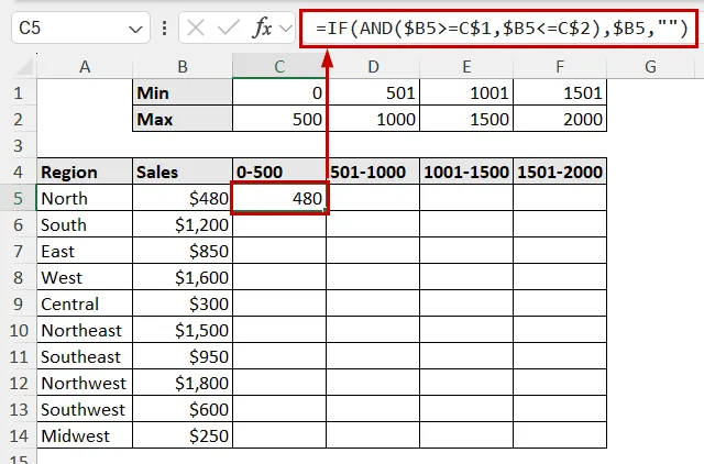 separating values using IF and AND functions