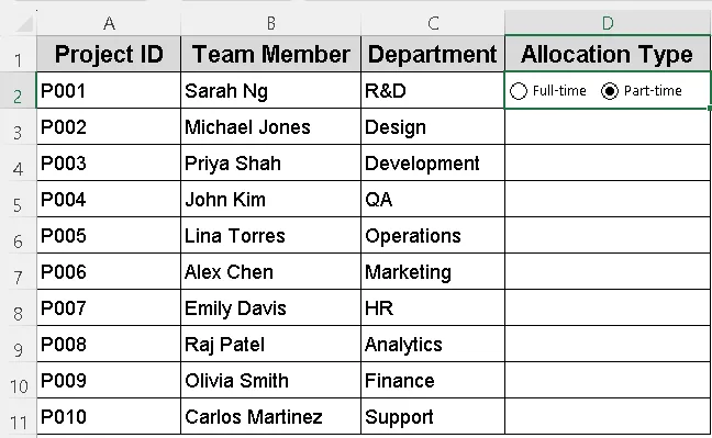 Insert a Radio Button in Excel