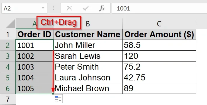 Using the Fill Handle tool to Create a Range of Numbers in Excel