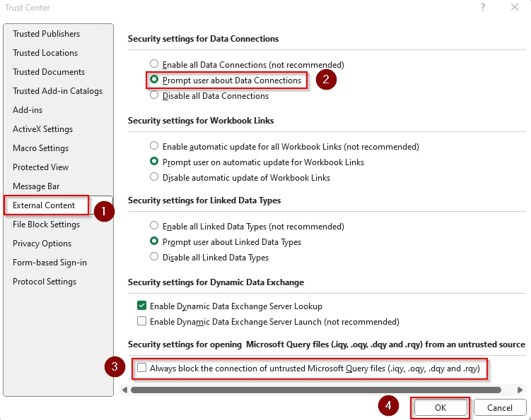 Remove External Content Restrictions from Security Settings