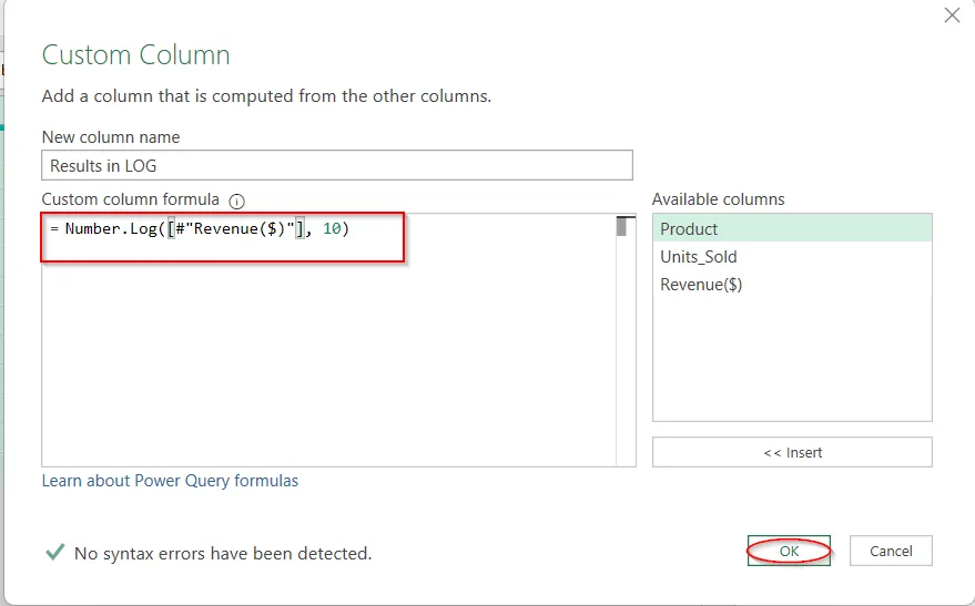 Applying Log Transformation with Power Query