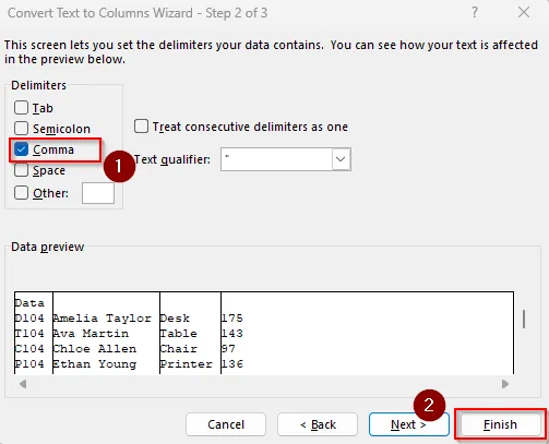 Convert Existing Text Data into Table with the Text to Columns Wizard