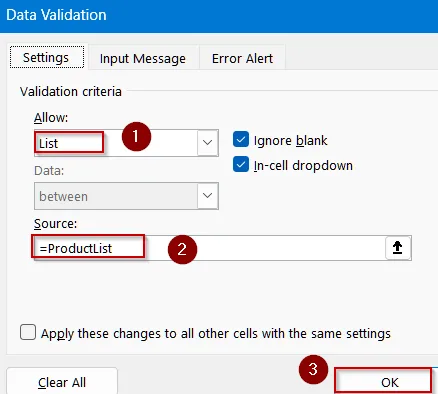 Use Named Ranges to Create a Drop-Down List Using Formulas tab