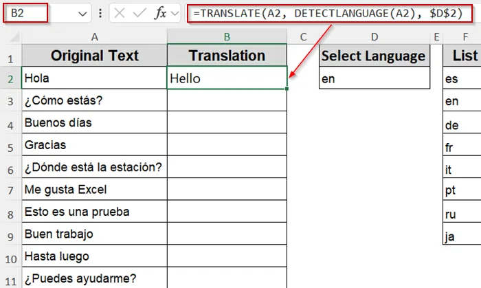 Apply TRANSLATE and DETECTLANGUAGE Functions (Microsoft 365 Only)