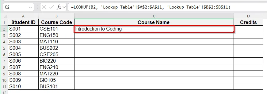 Create a Lookup Table Using LOOKUP Function