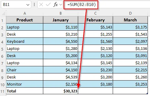 Manually Creating a Total Row with SUM or AutoSum