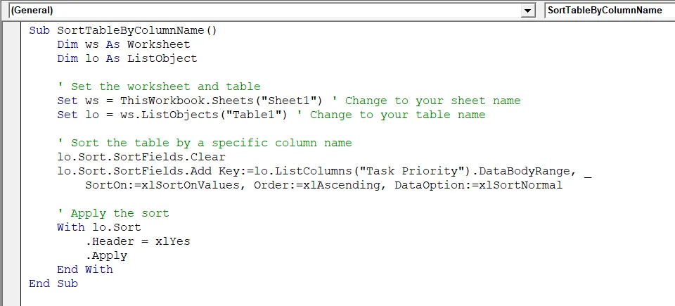 Sort an Excel Table by Column Name
