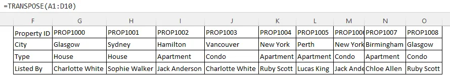 Using the TRANSPOSE Function to Flip Table Rows and Columns