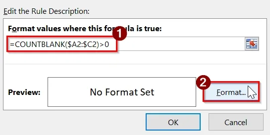 Highlight Entire Row in Excel Where Any Cell Is Blank