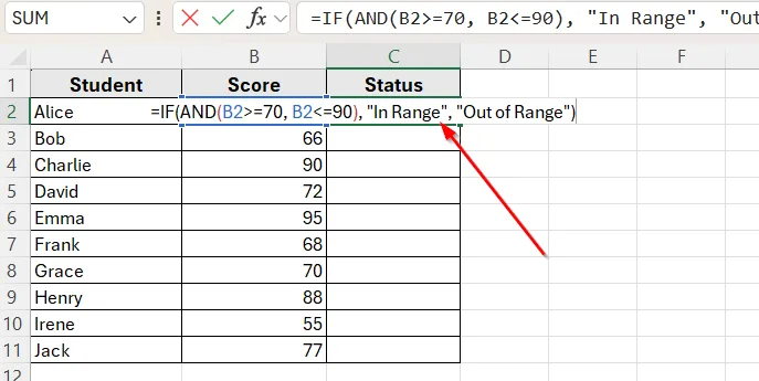 Using IF with AND Functions to Check If a Value Falls Between Two Numbers