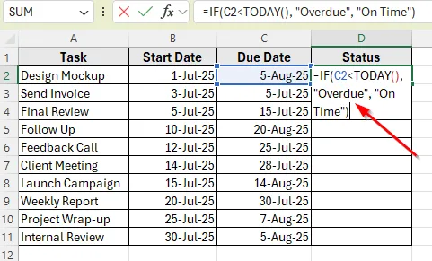 Using IF and TODAY Function To Check If a Task Is Overdue
