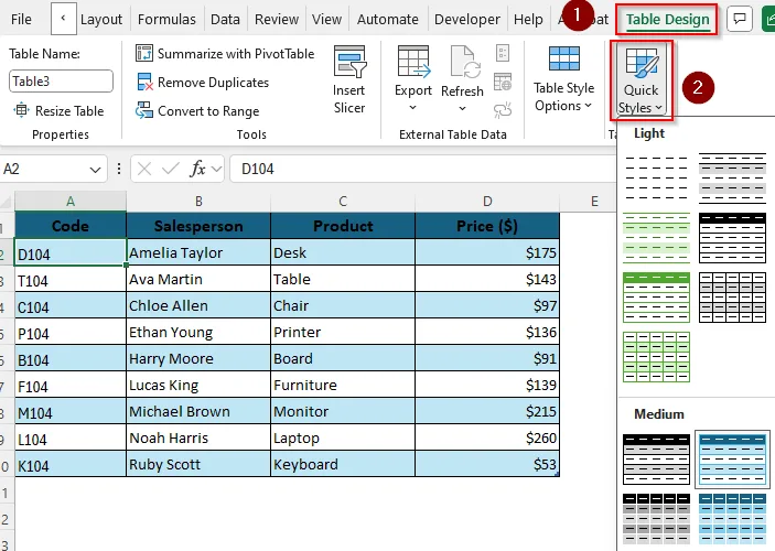 Changing Colors of a Table Using the Table Design Tab