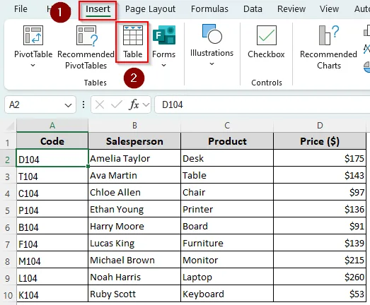 Converting Existing Data into a Table Using the Insert Tab