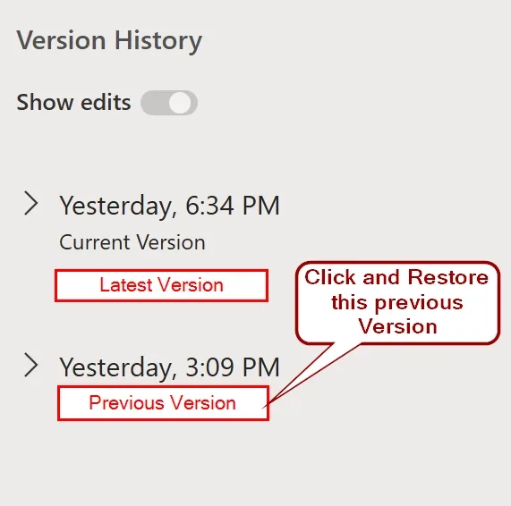 Using Version History Feature to Restore Previous Version of Excel File