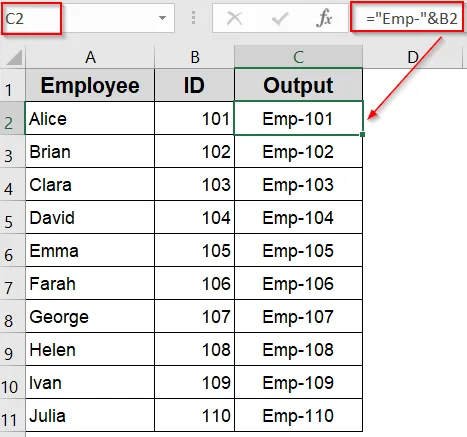 Use the Ampersand (&) Operator to Add Text at the Start of a Cell