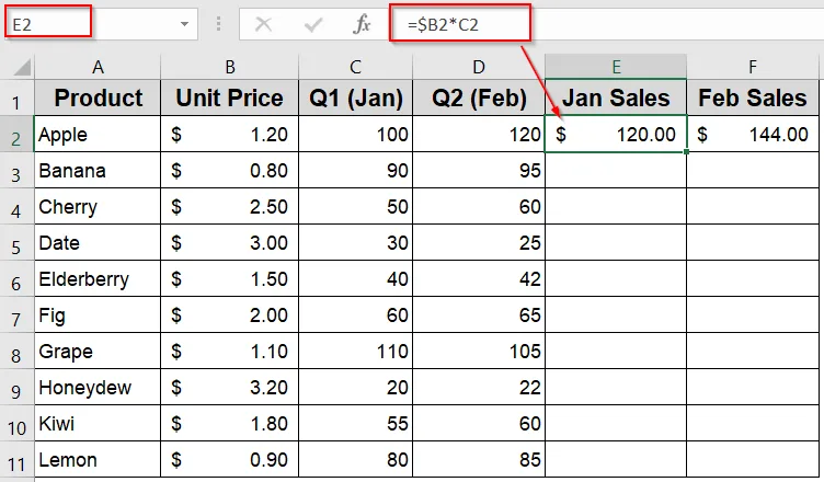 Example of Using Mixed Cell References to Lock Columns or Rows in Excel Formulas