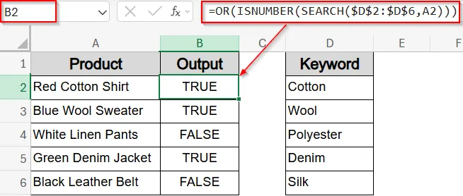 Find the Text Match from a List with SEARCH, ISNUMBER and OR Functions (Excel 365)