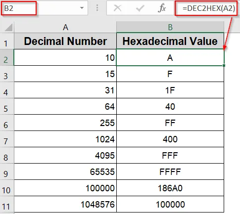Convert Decimal to Hexadecimal Using Excel’s DEC2HEX Function