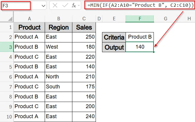 Find Lowest Value with Single or Multiple Criteria Using MIN and IF Functions