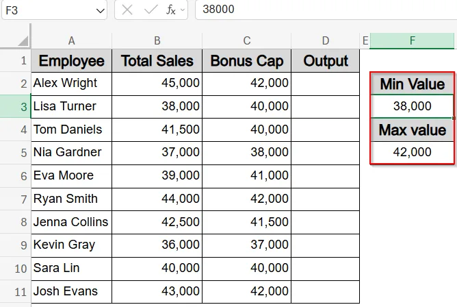 Restrict Values Between a Limit Using Cell References with MAX and MIN functions