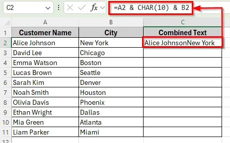 Using Ampersand and CHAR Function to Concatenate with a Line Break in Excel