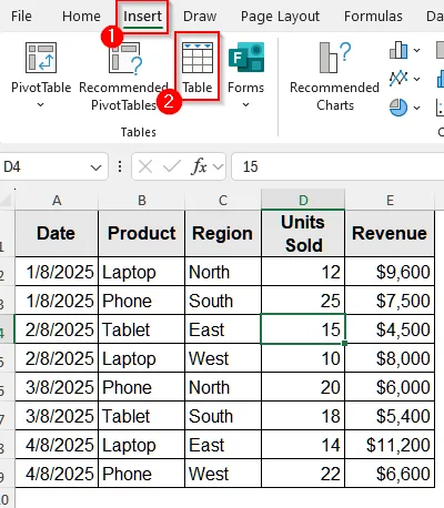 Insert a Slicer in Excel by Converting the Dataset into a Table