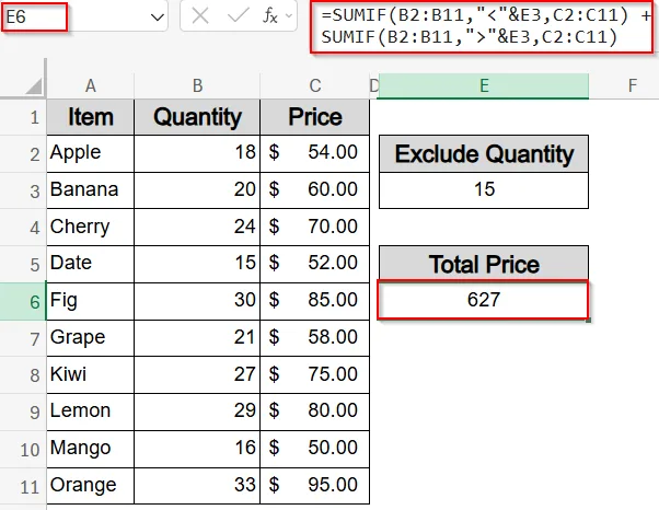 Exclude a Specific Value Using SUMIF Function Greater Than and Less Than a Cell