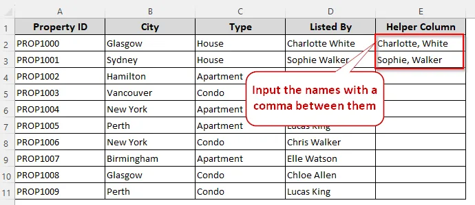 Adding a Comma Between Names with the Flash Fill Feature