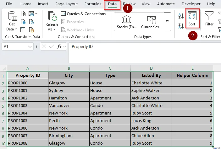 Flipping Table Data Order Vertically (By Columns) by Sorting a Helper Column