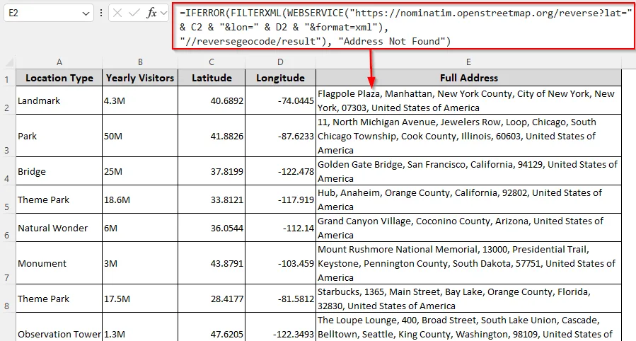 Performing Reverse Geocoding with a Native Excel Formula