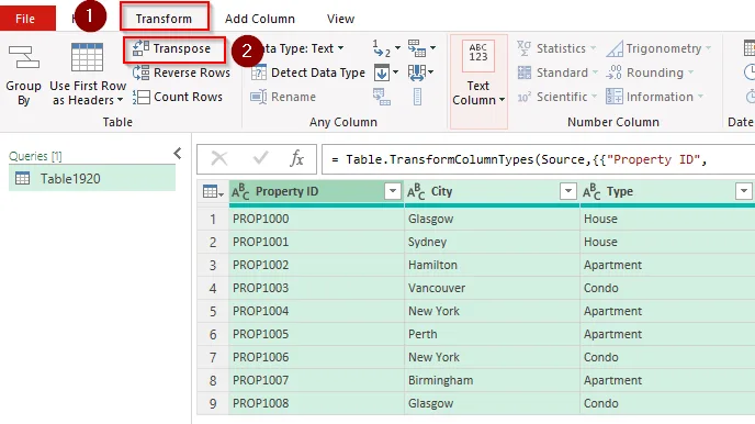 Transpose Table with the Power Query Tool