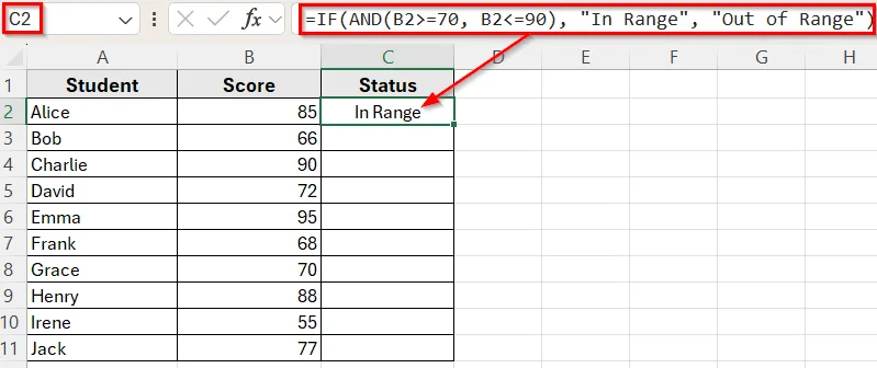 Using IF with AND Functions to Check If a Value Falls Between Two Numbers