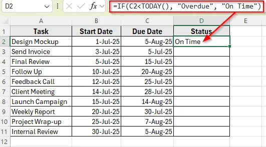 Using IF and TODAY Function To Check If a Task Is Overdue