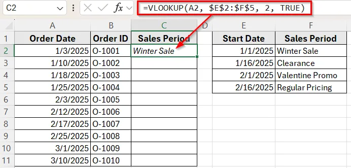 Using VLOOKUP Function with Approximate Match to Return a Value by Date Range