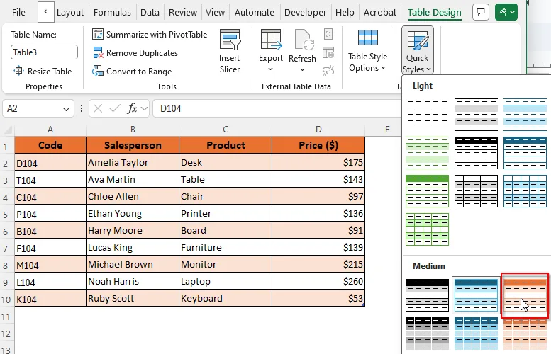 Changing Colors of a Table Using the Table Design Tab