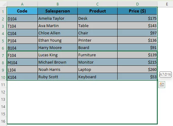 Move an Excel Table Using the Four-Sided Arrow on the Table Border