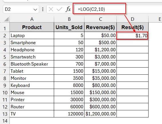 Using The LOG Function For Log Base 10