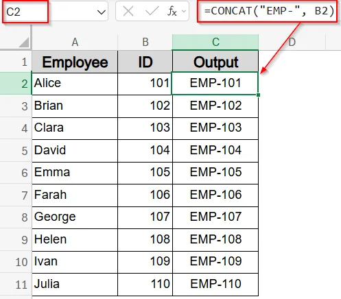Apply CONCAT or CONCATENATE Function to Add Text to the Beginning of a Cell in Excel
