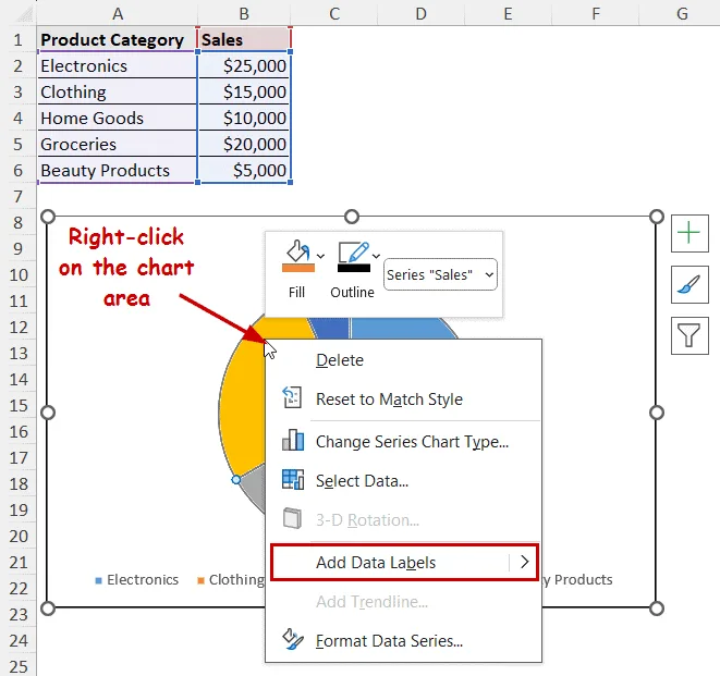 data labels option in context menu