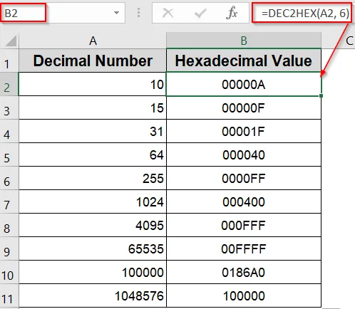 Convert Decimal to Hexadecimal Using Excel’s DEC2HEX Function