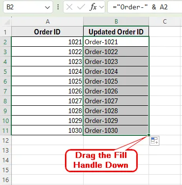 Using Ampersand (&) Operator to Add Text to Multiple Cells in Excel