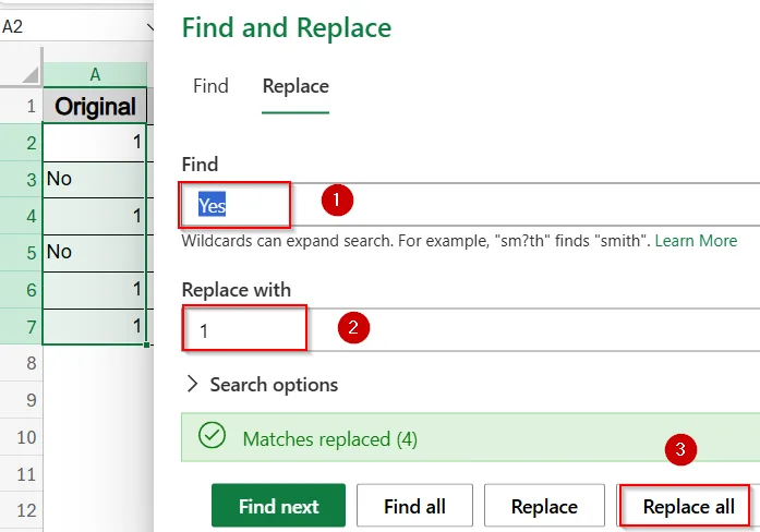 Use Find & Replace to Replace Yes/No with 1/0