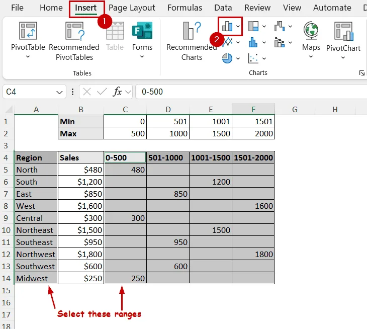 inserting column chart for newly created ranges