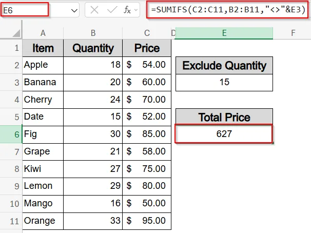 Exclude a Specific Value Using SUMIF Function Greater Than and Less Than a Cell