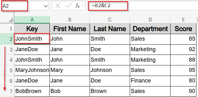 Helper Column Method for VLOOKUP Function with Two Lookup Values