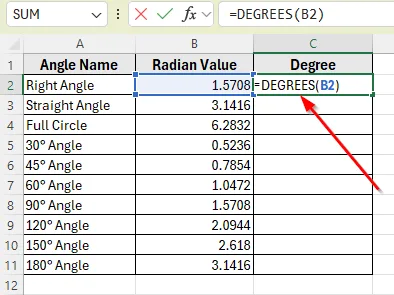 Using the DEGREES Function to Instantly Convert Radians