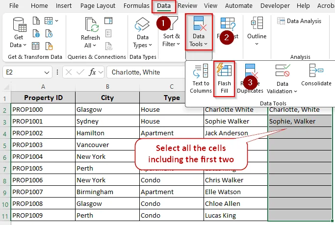 Adding a Comma Between Names with the Flash Fill Feature