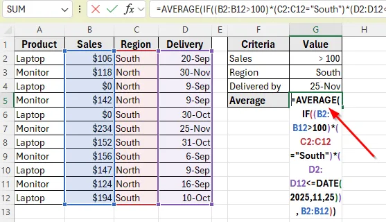 Use AVERAGE with IF for an Array Formula
