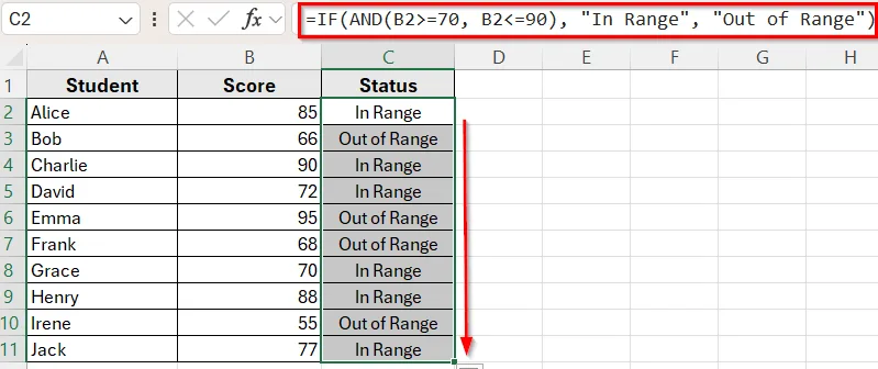 Using IF with AND Functions to Check If a Value Falls Between Two Numbers